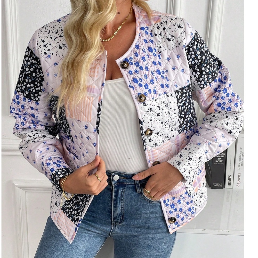 Cozy Floral Patchwork Print Open Front Quilted Jacket Coat